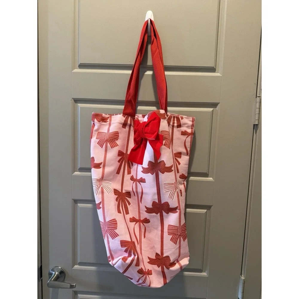 2 Pink Red Bow Print Tote Bag Canvas Large Shoulder Bag Preppy Coquette‎